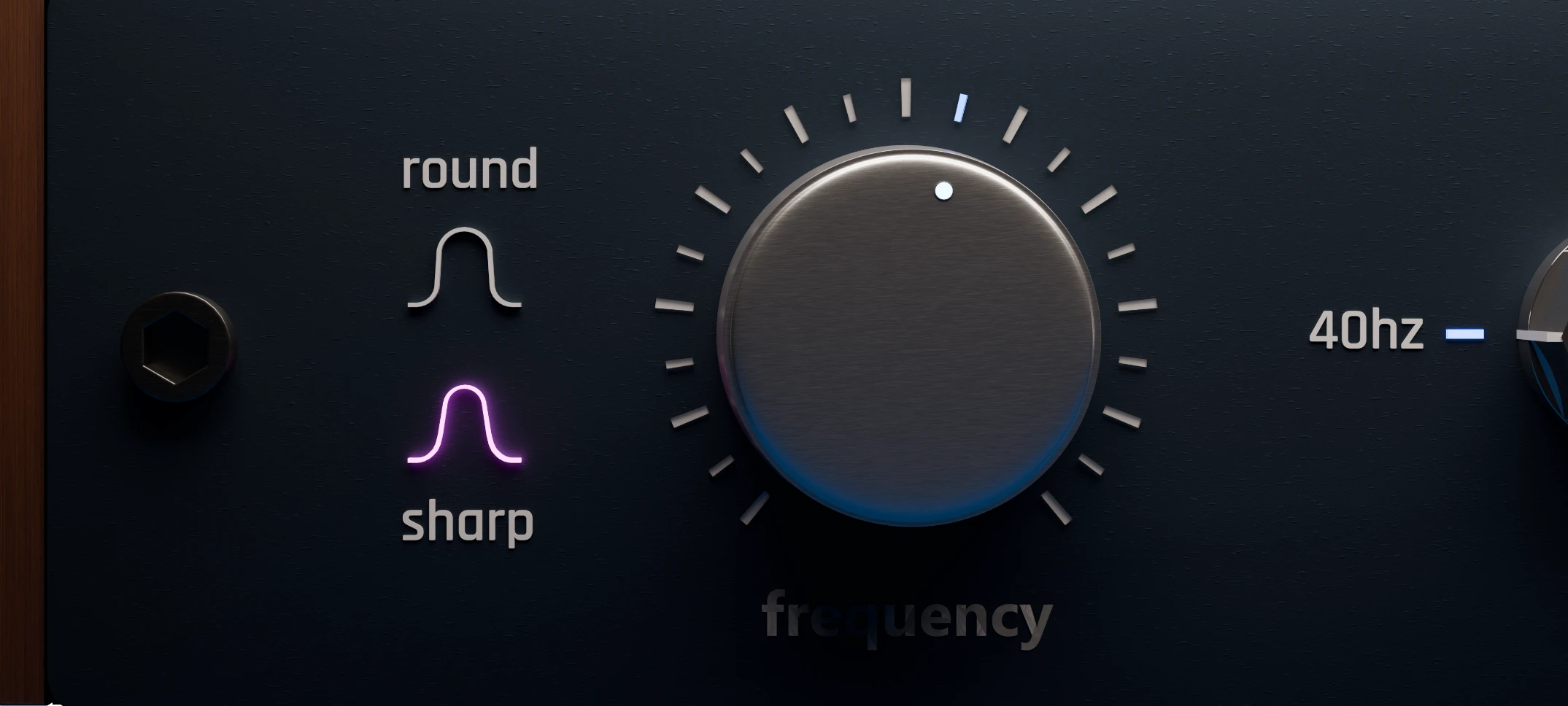 Close-up of the Round/Sharp curve and frequency knob